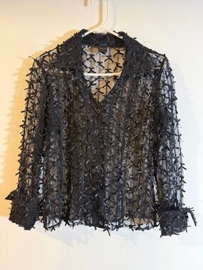 Black Sheer Textured Ribbon Lattice Button-Down Shirt